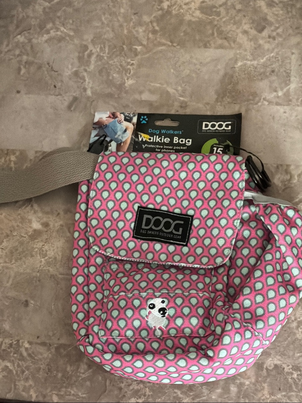 Pink Patterned Walkie Dog Walker Bag With Poop Bags & Bottle Holder